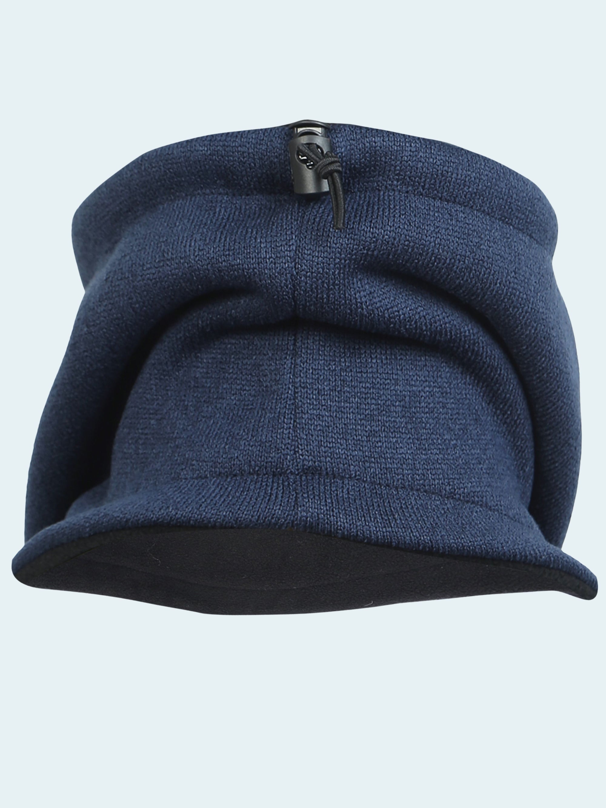 Blue hooded balaclava with black zipper on white background