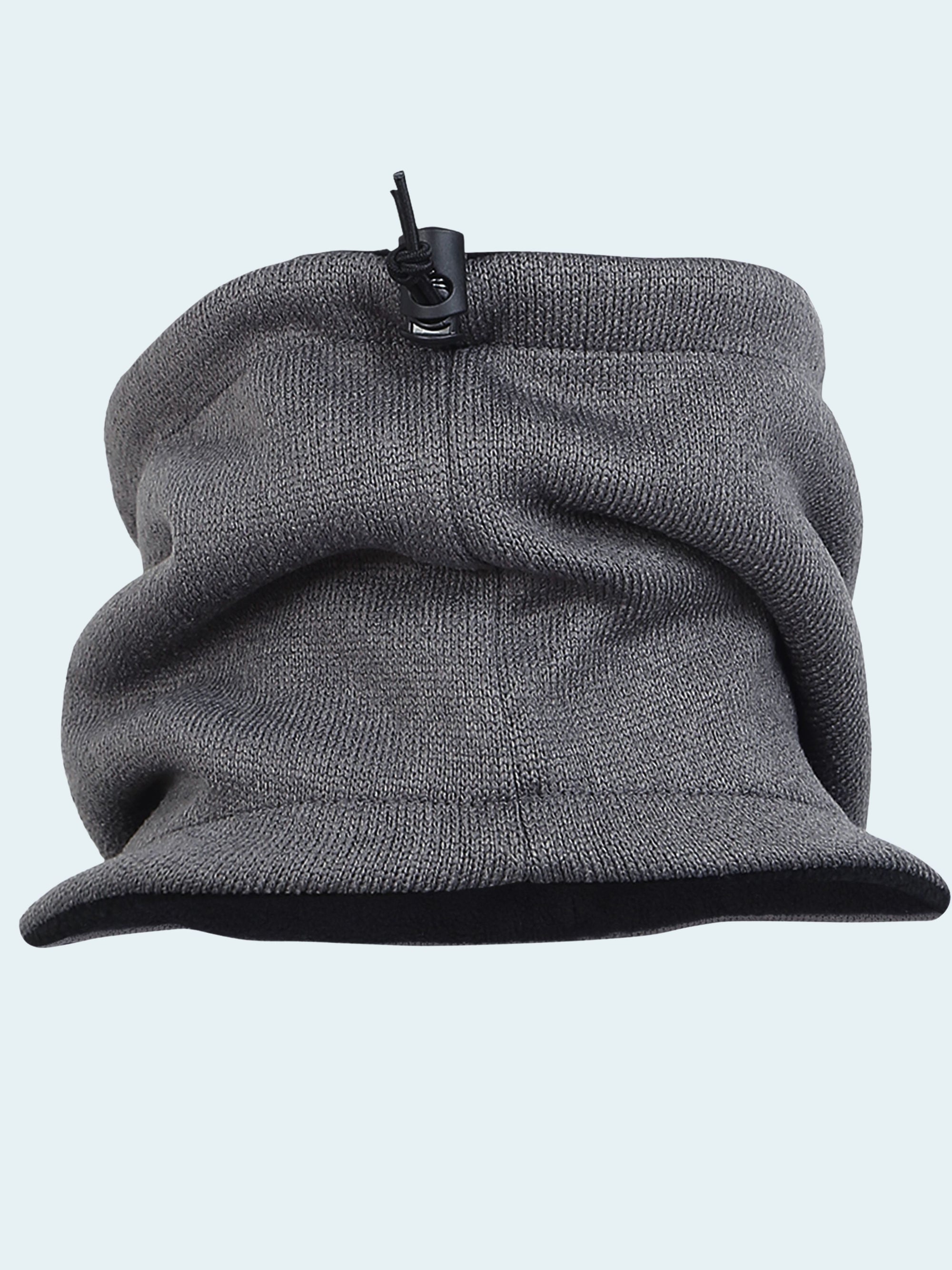 Gray fleece neck gaiter with black zipper on white background