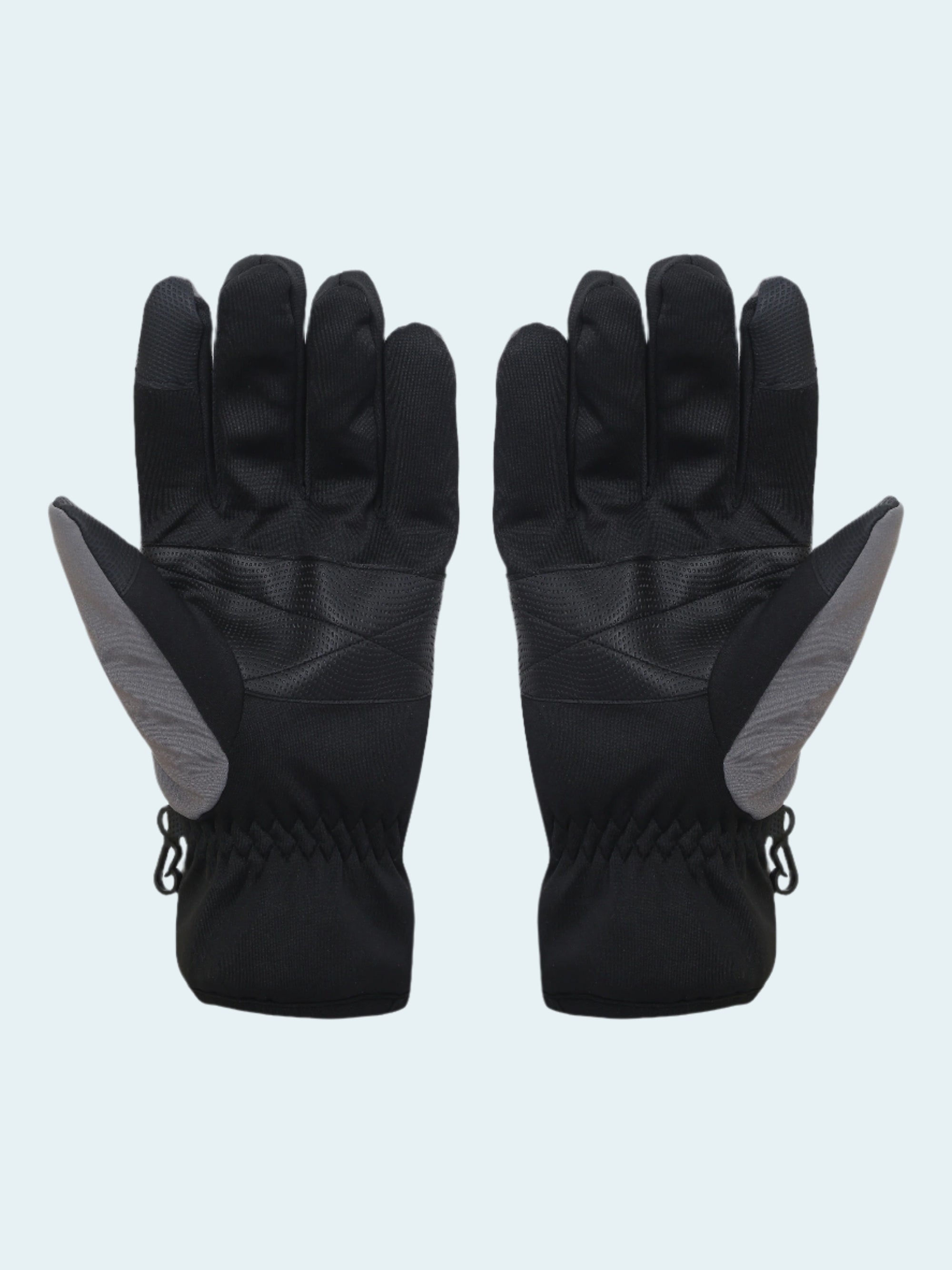 Pair of black gloves with gray accents on a white background