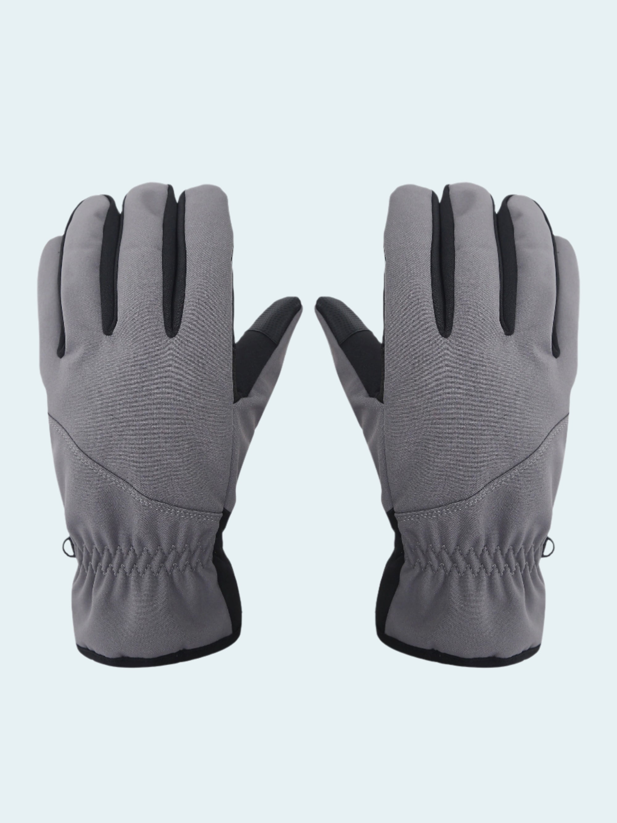 Pair of gray gloves with black accents on a white background