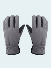 Pair of gray gloves with black accents on a white background
