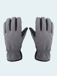 Pair of gray gloves with black accents on a white background