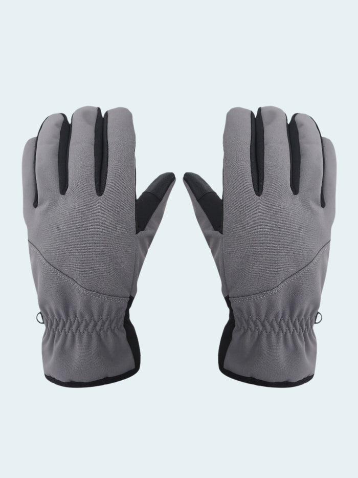 Pair of gray gloves with black accents on a white background