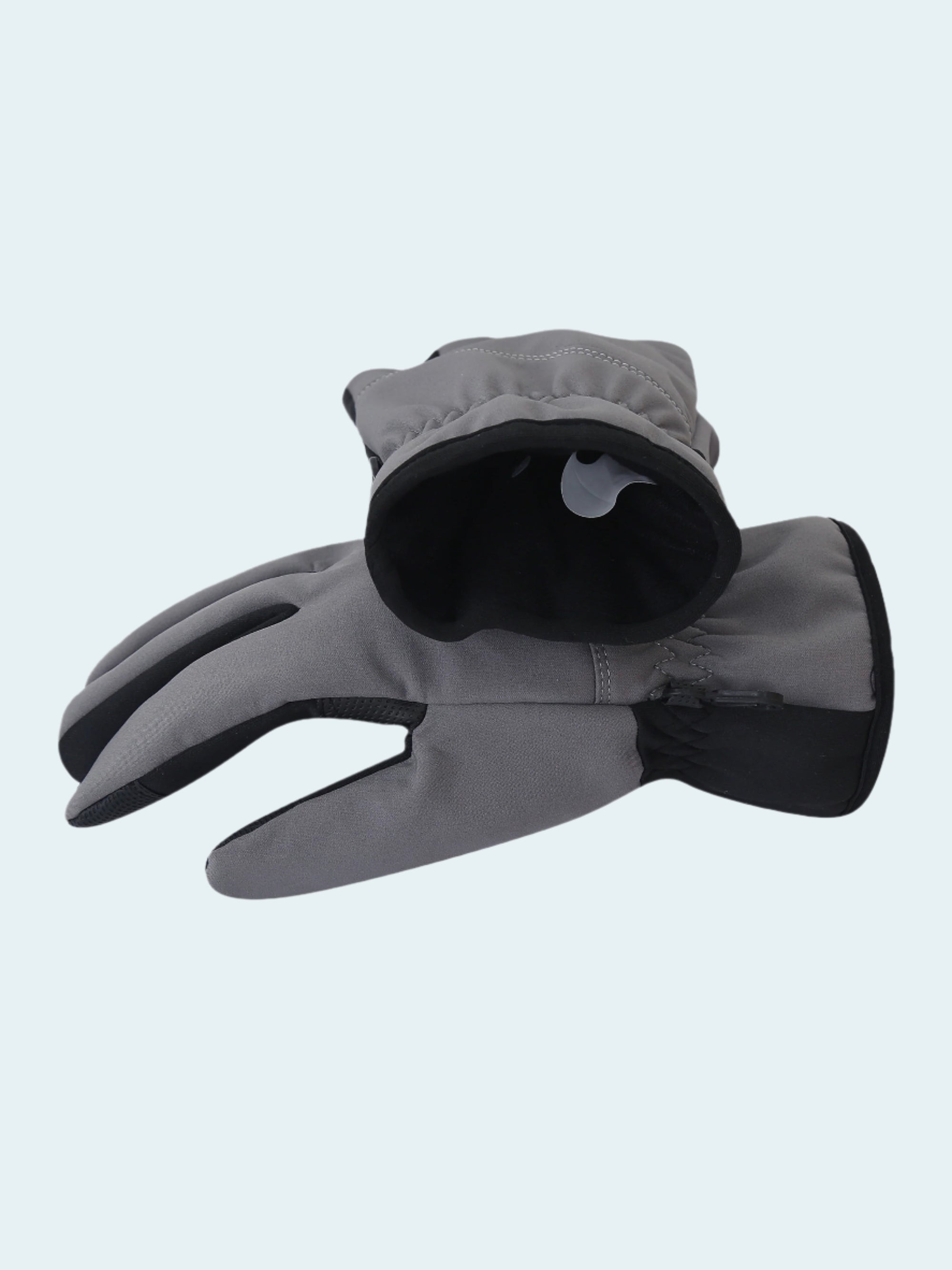 Gray gloves with a brand logo on a white background