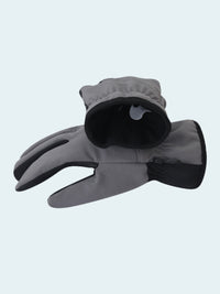 Gray gloves with a brand logo on a white background