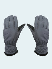Pair of gray gloves with black cuffs on a white background