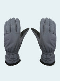 Pair of gray gloves with black cuffs on a white background