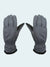 Pair of gray gloves with black cuffs on a white background