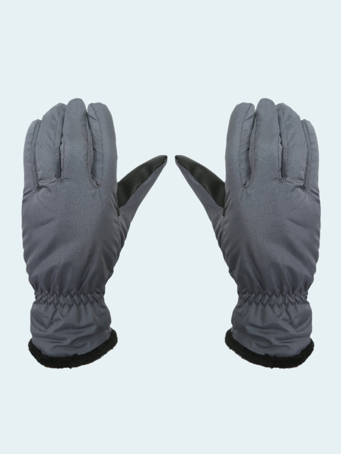 Pair of gray gloves with black cuffs on a white background