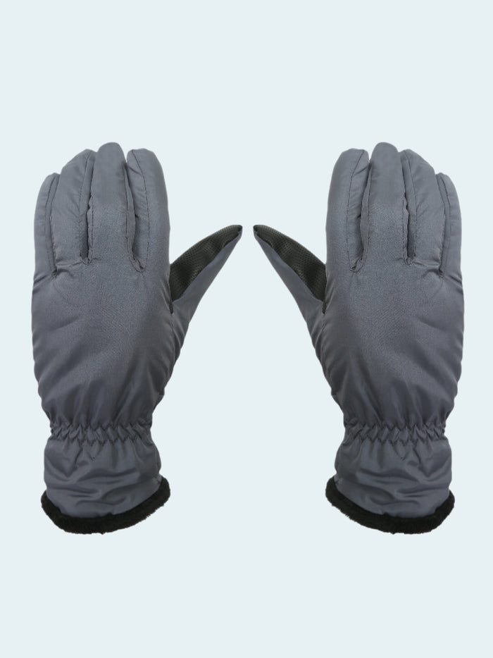 Pair of gray gloves with black cuffs on a white background