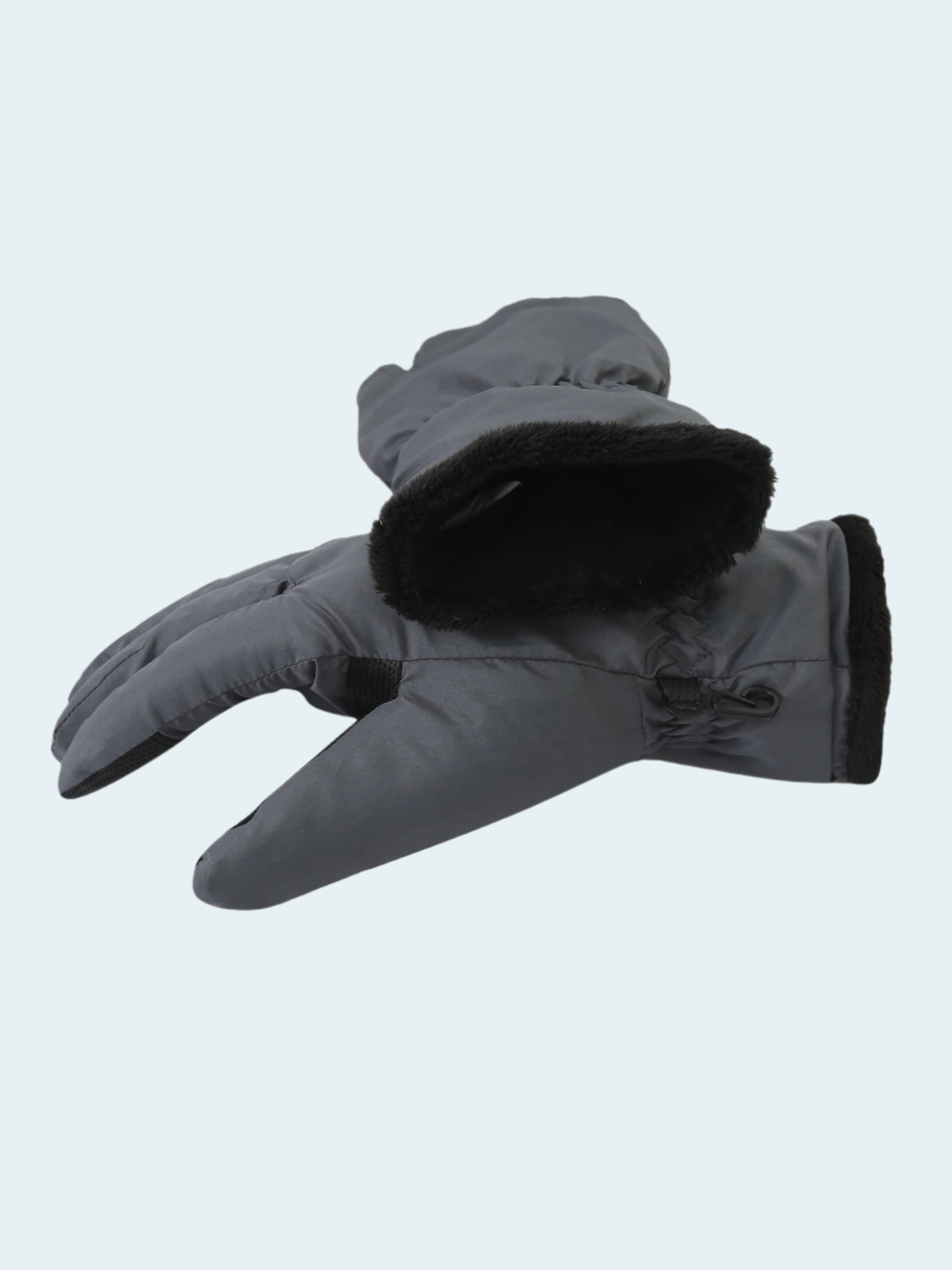 Gray winter glove with black fur lining on a white background