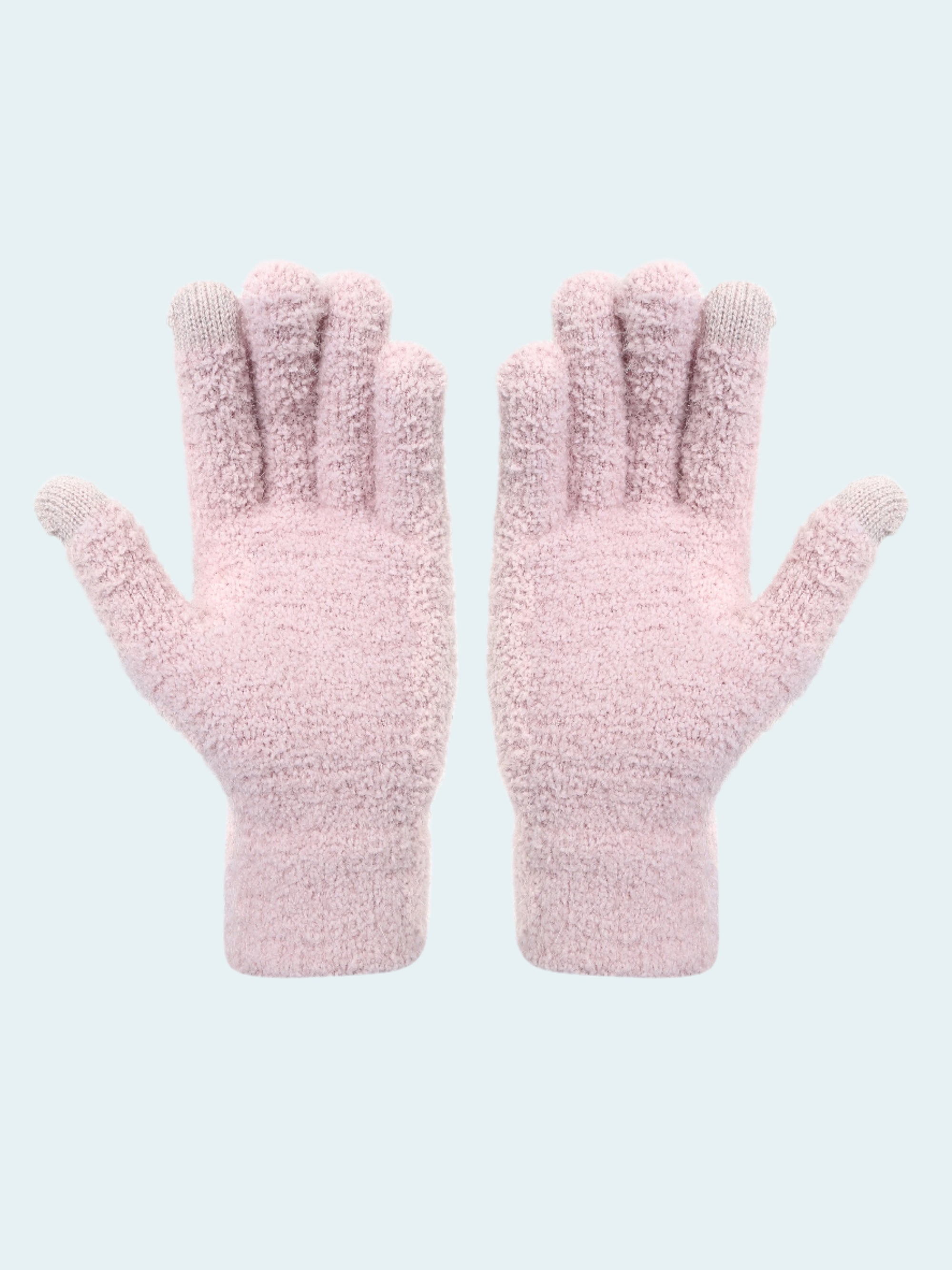 Pair of pink fuzzy gloves on a white background