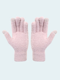 Pair of pink fuzzy gloves on a white background