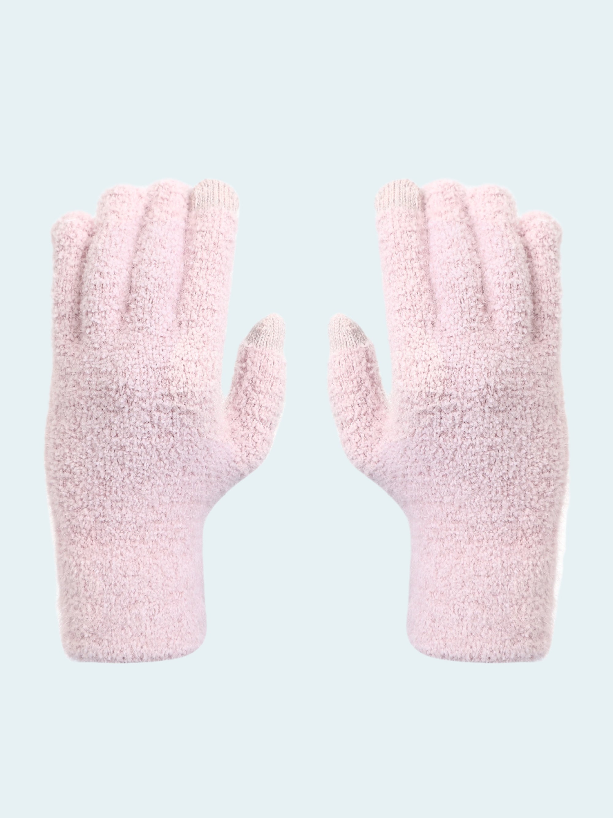 Pair of pink fuzzy gloves on a white background