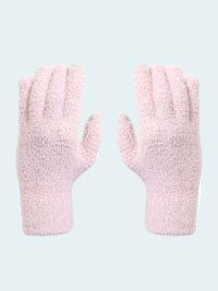 Pair of pink fuzzy gloves on a white background