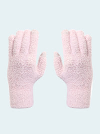 Pair of pink fuzzy gloves on a white background