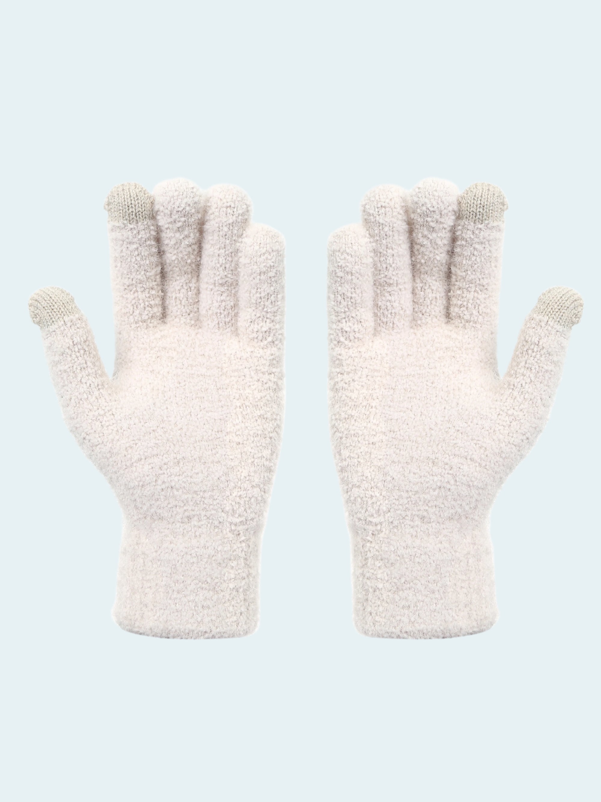 Pair of white fleece gloves on a white background