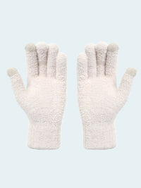 Pair of white fleece gloves on a white background