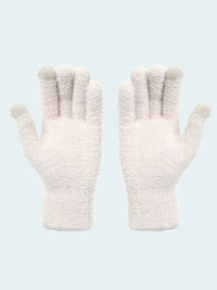 Pair of white fleece gloves on a white background