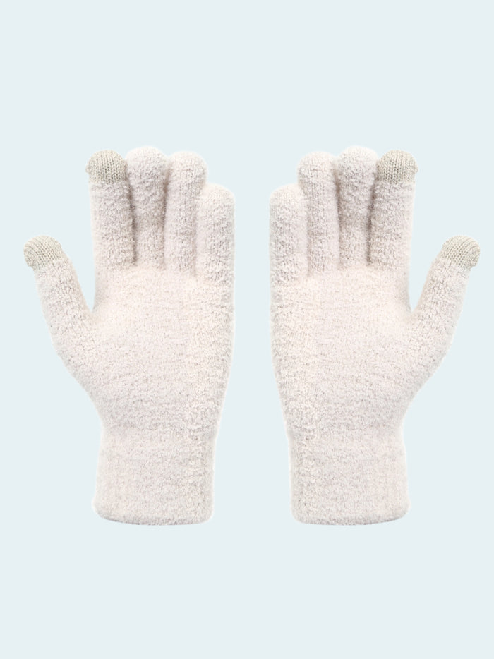 Pair of white fleece gloves on a white background