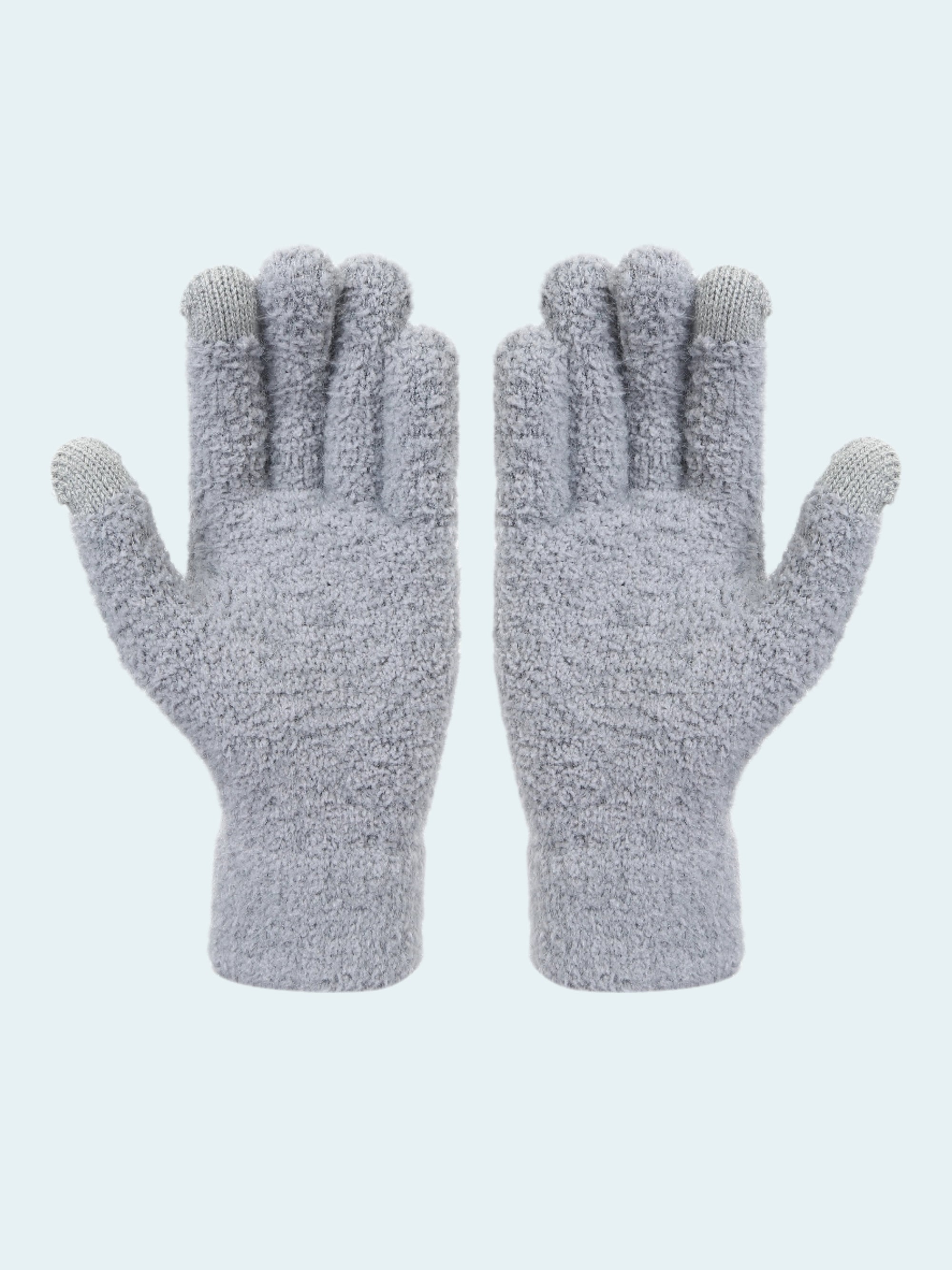 Pair of gray fuzzy gloves on a white background