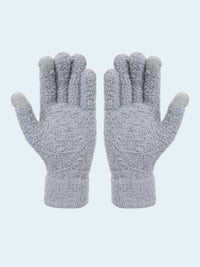 Pair of gray fuzzy gloves on a white background