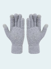 Pair of gray fuzzy gloves on a white background