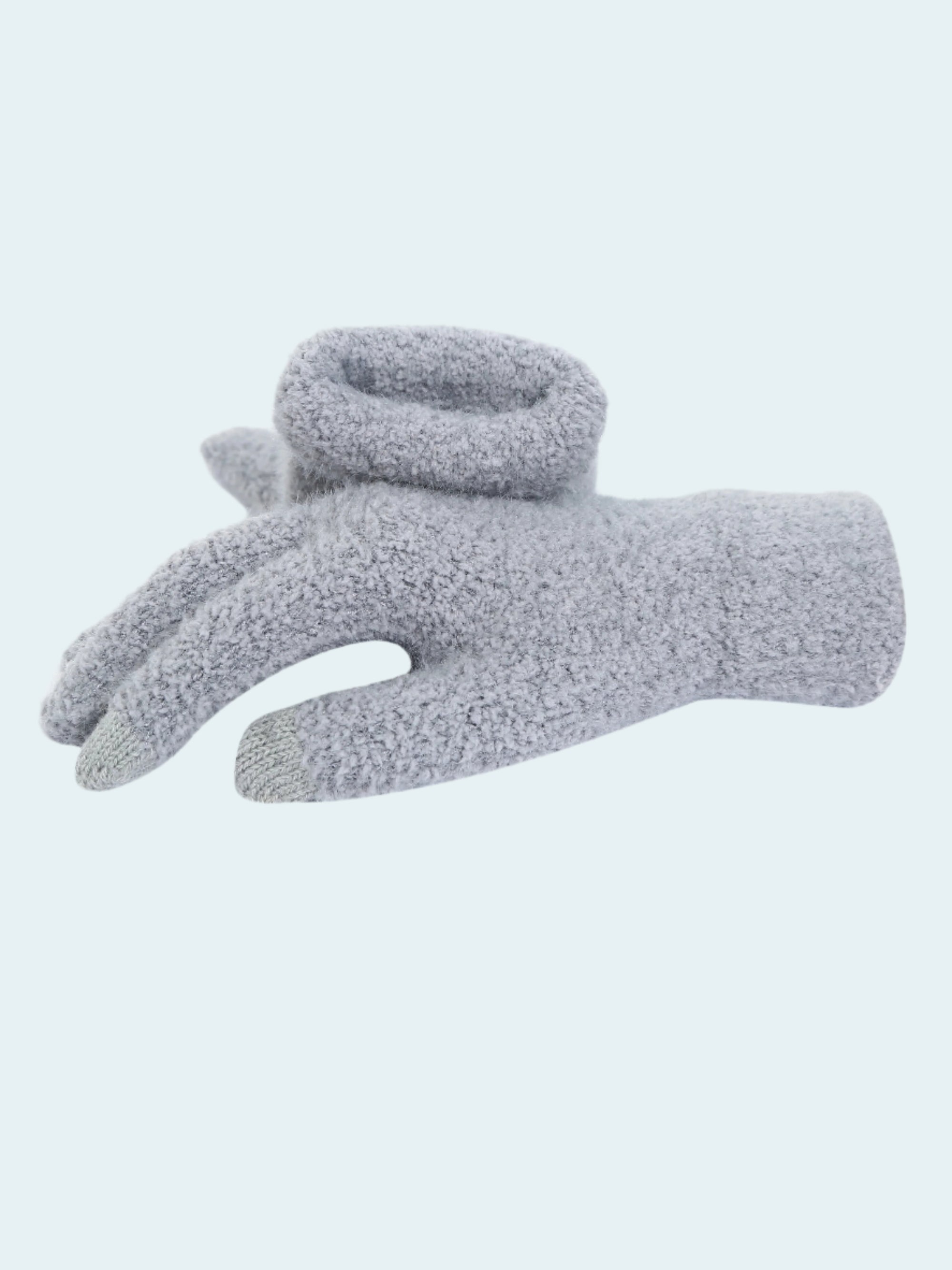Gray fleece glove on a white background