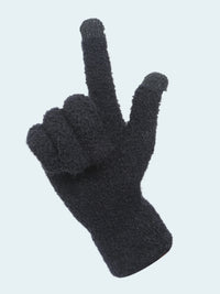 Black glove making a peace sign on a white background