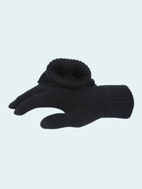 Black gloves with a matching beanie on a white background
