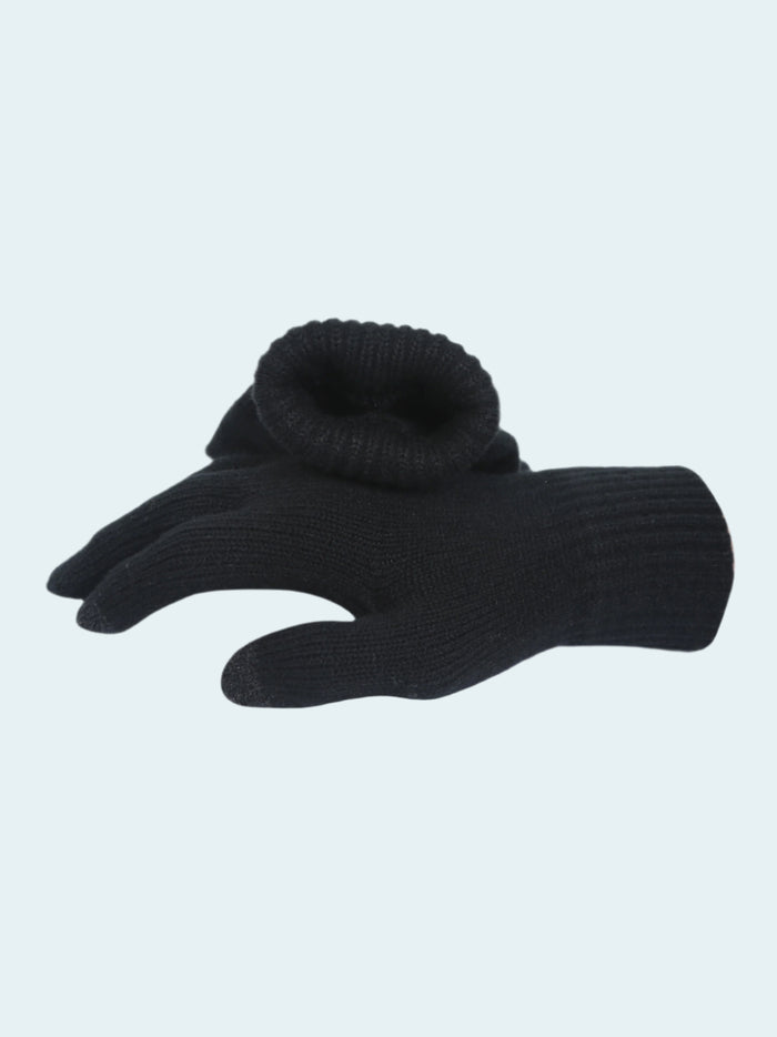 Black gloves with a matching beanie on a white background