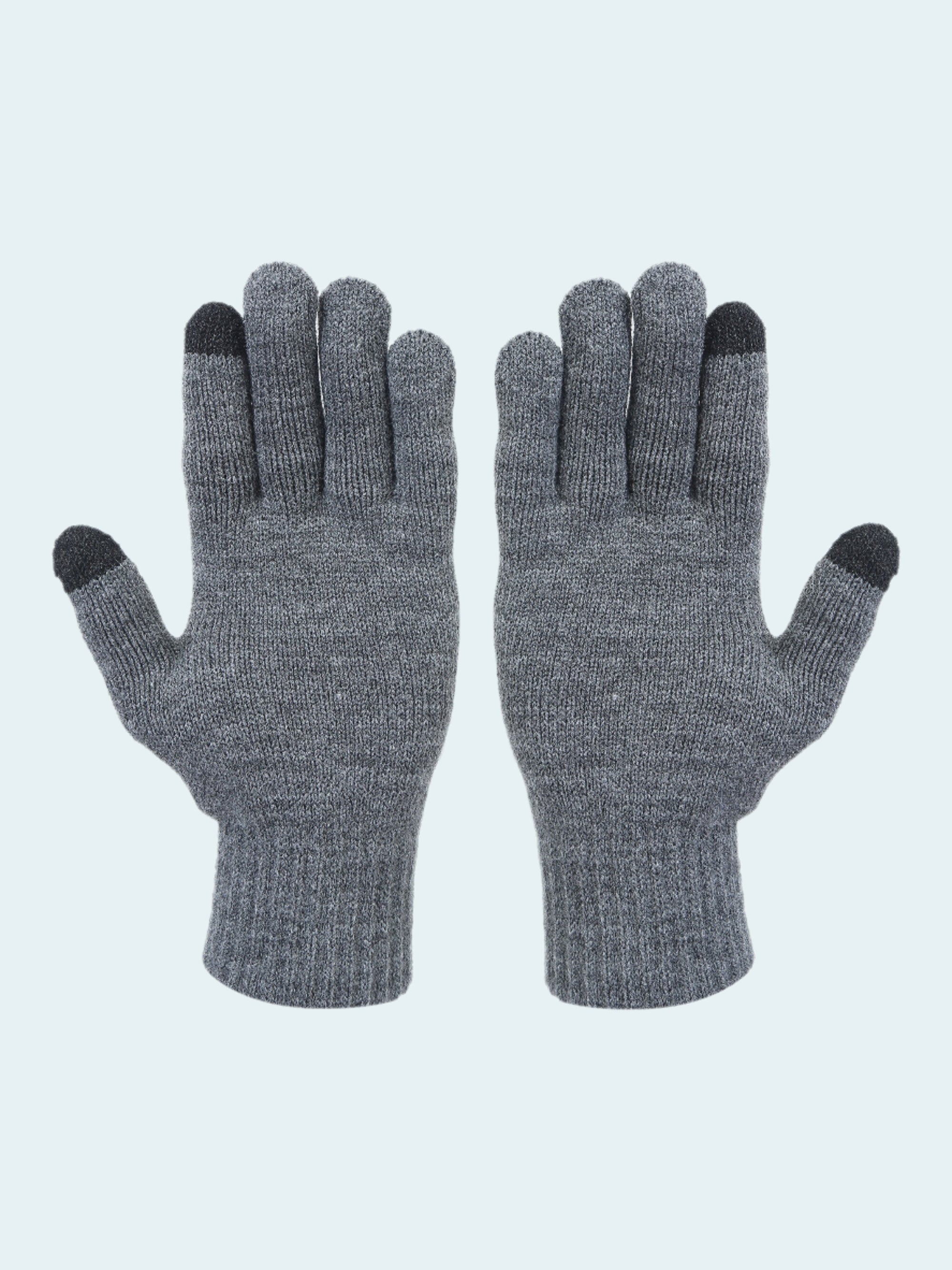 Pair of gray gloves with black tips on a white background