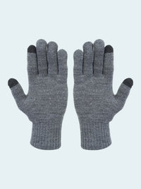 Pair of gray gloves with black tips on a white background