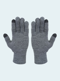 Pair of gray gloves with black tips on a white background