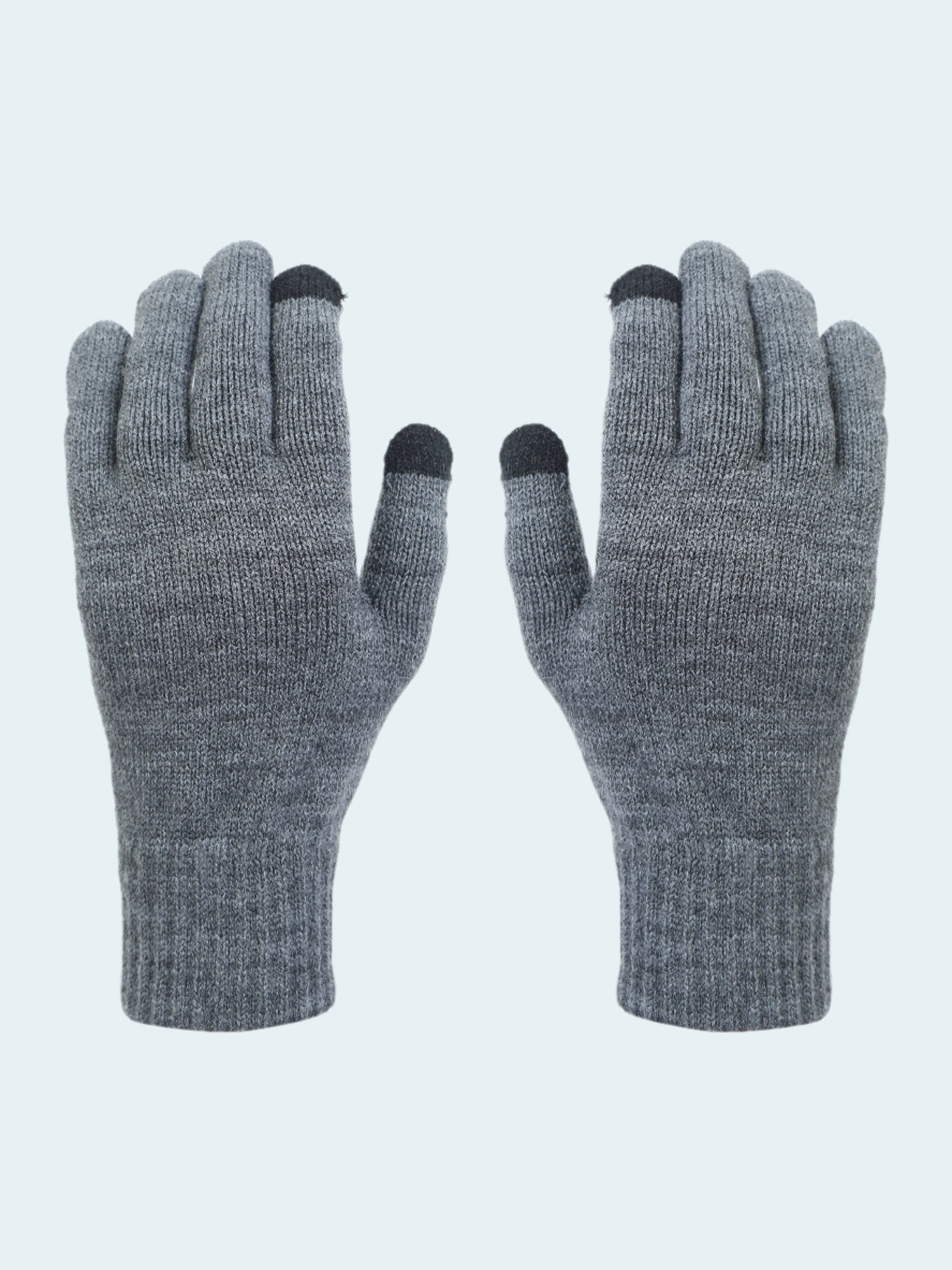 Pair of gray gloves with black tips on a white background
