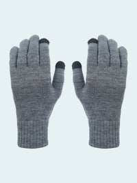 Pair of gray gloves with black tips on a white background