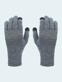 Pair of gray gloves with black tips on a white background