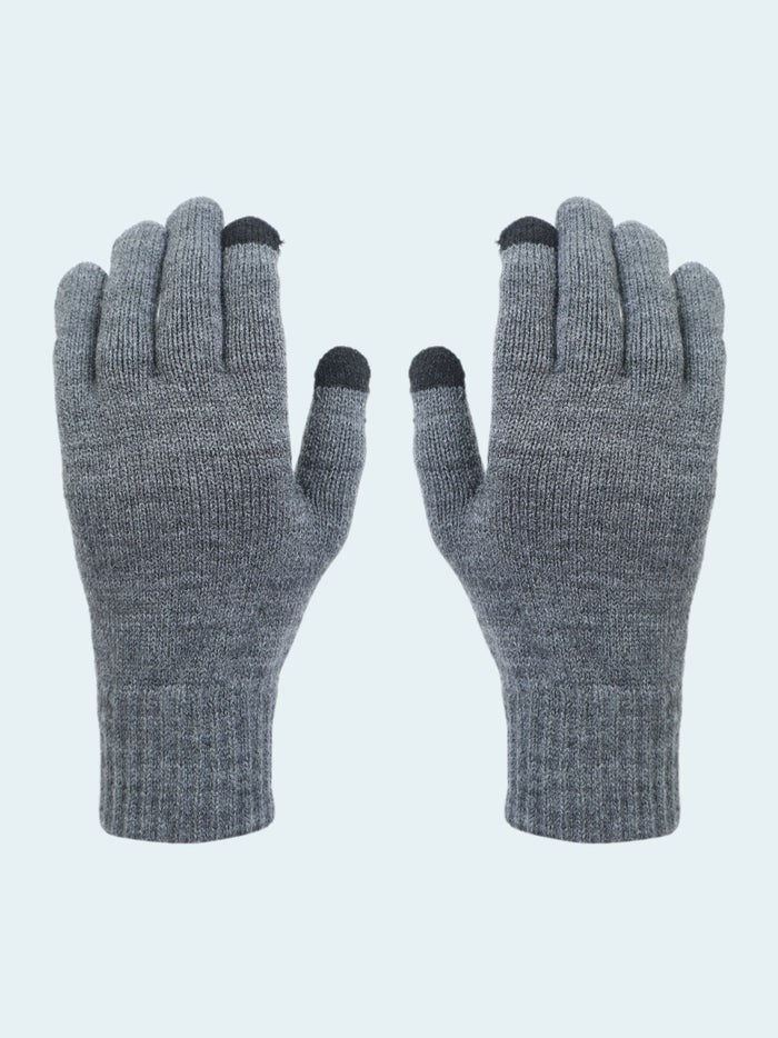 Pair of gray gloves with black tips on a white background