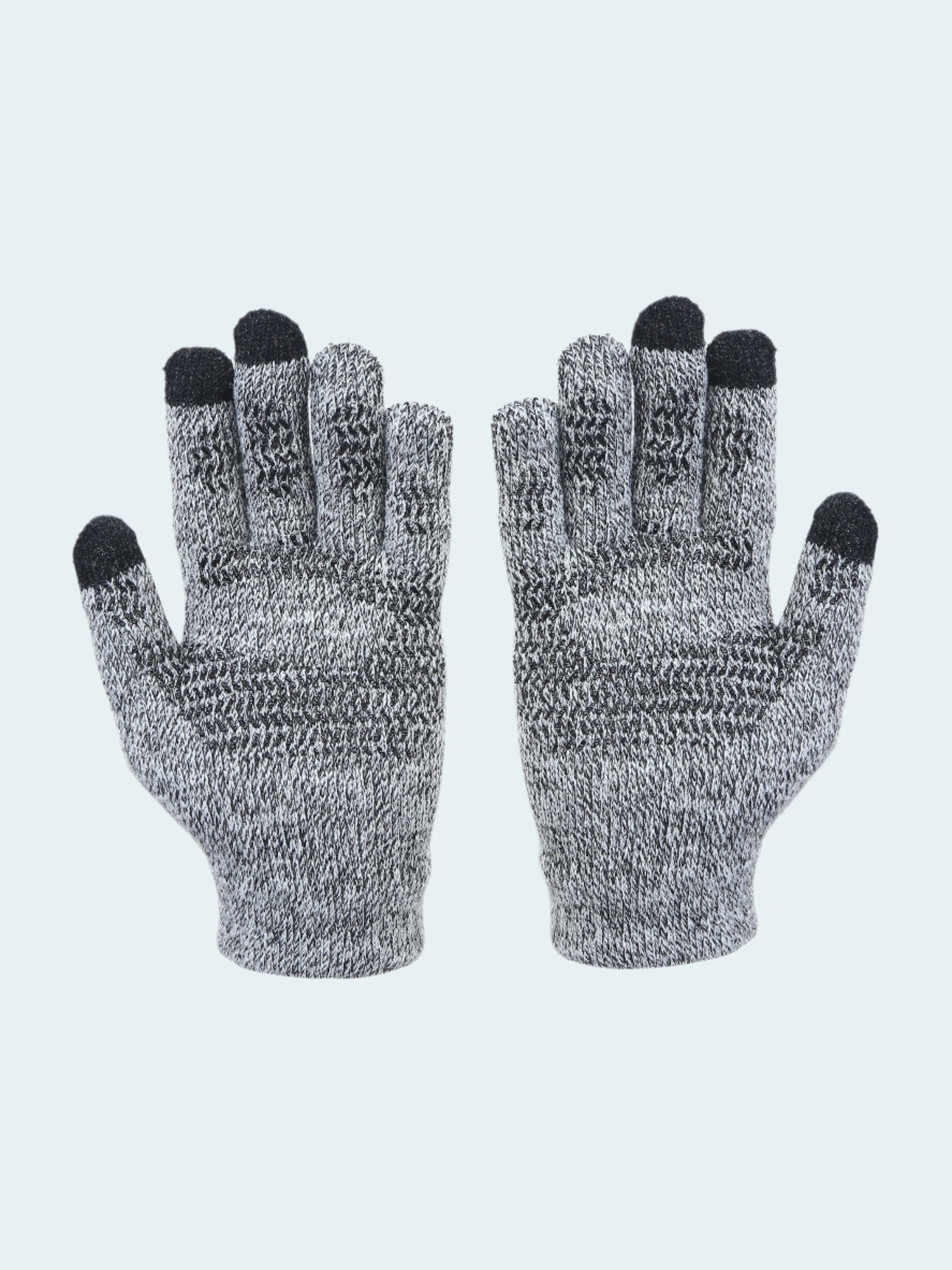 Pair of gray gloves with black tips on a white background