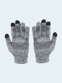 Pair of gray gloves with black tips on a white background
