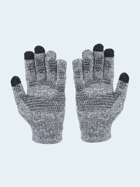 Pair of gray gloves with black tips on a white background