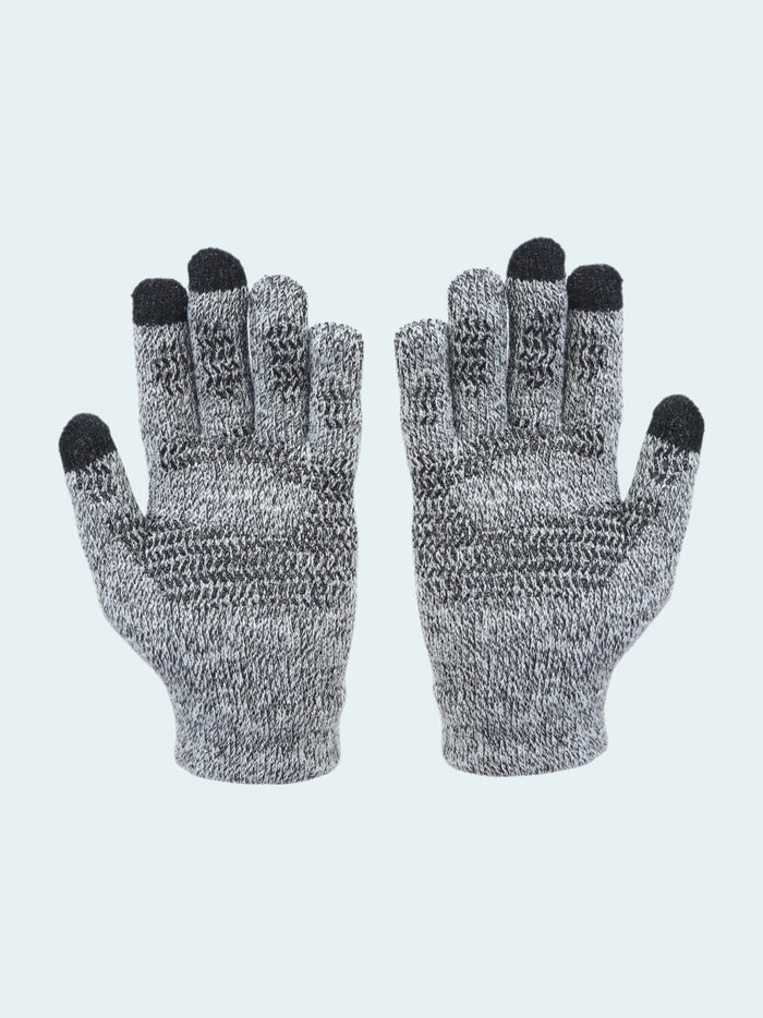 Pair of gray gloves with black tips on a white background