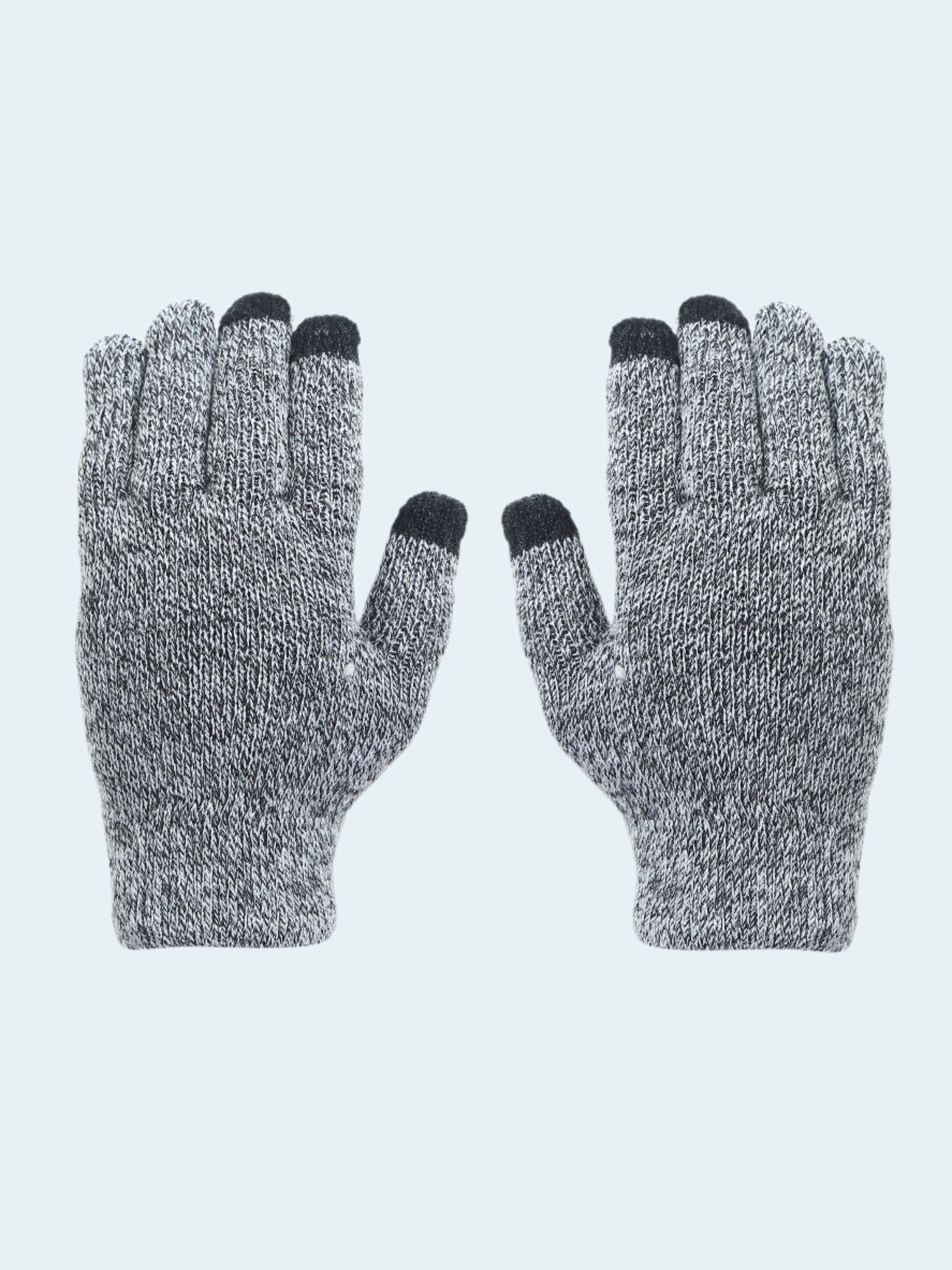 Pair of gray gloves with black tips on a white background