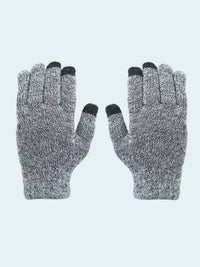 Pair of gray gloves with black tips on a white background