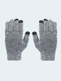 Pair of gray gloves with black tips on a white background