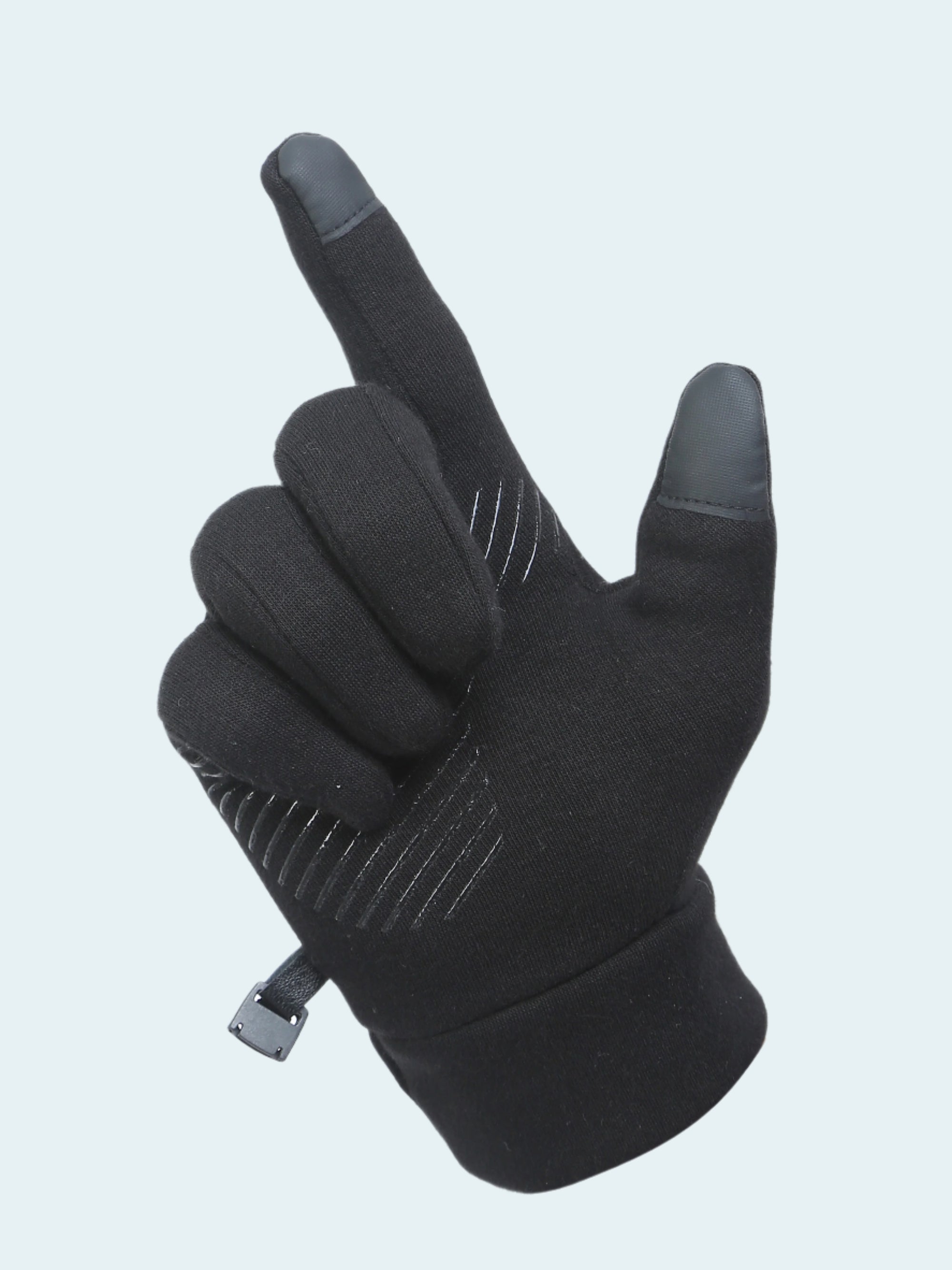 Black glove with touch screen tips on a white background