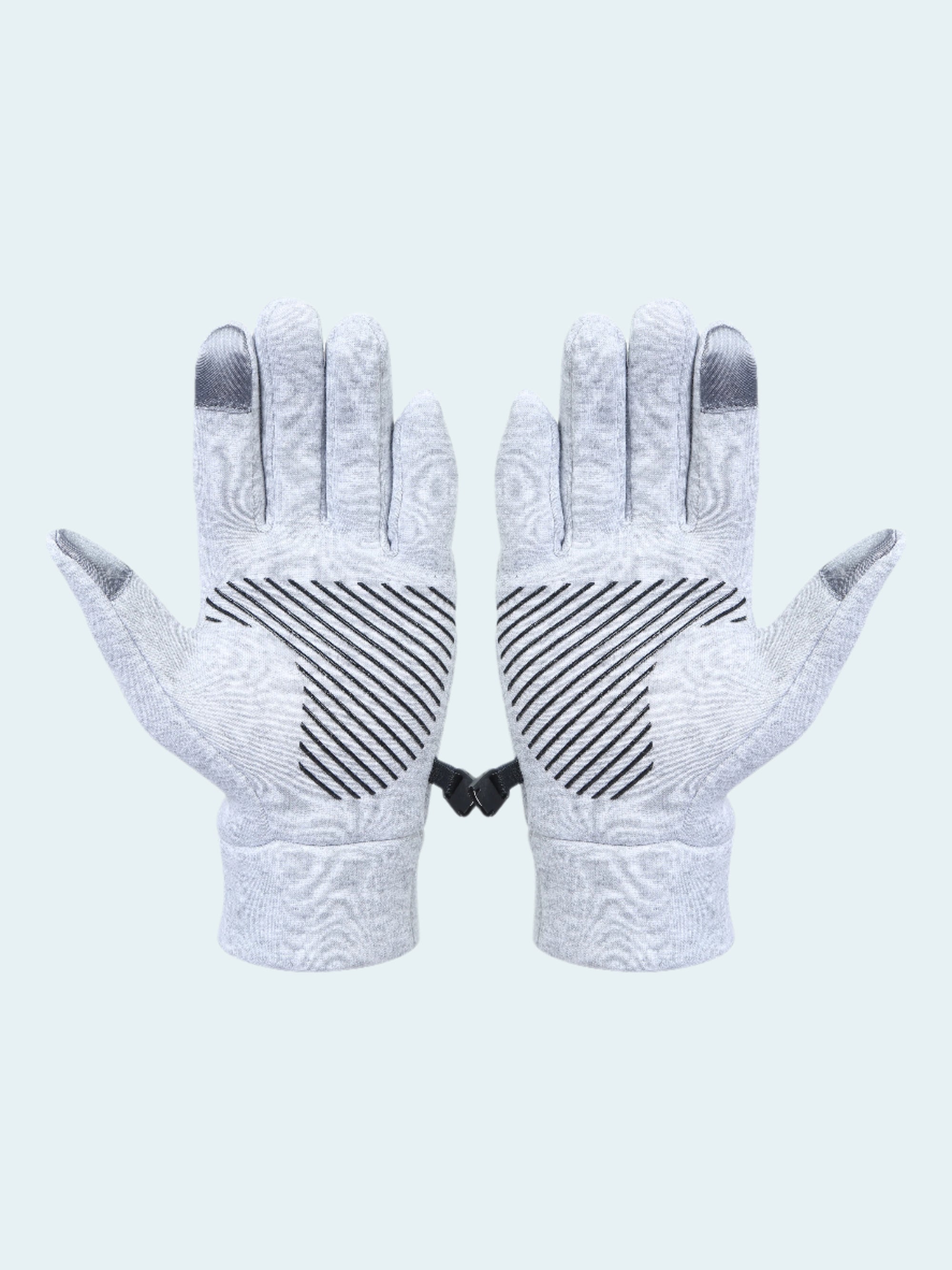 Pair of gray gloves with black pattern on a white background