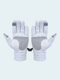 Pair of gray gloves with black pattern on a white background