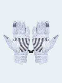 Pair of gray gloves with black pattern on a white background
