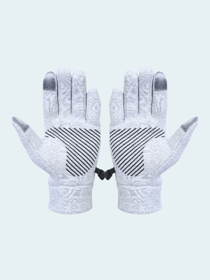 Pair of gray gloves with black pattern on a white background